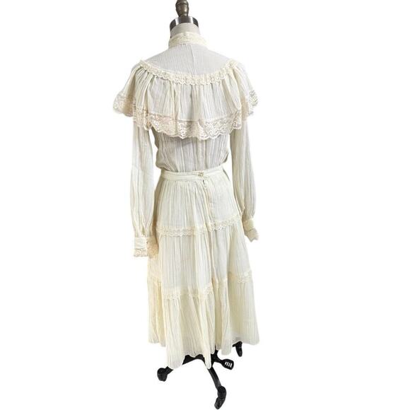 VTG 1970s Ivory Gauze Lace Blouse + Skirt Set Gunne Sax Style Romantic Sz M 11 - Picture 6 of 6